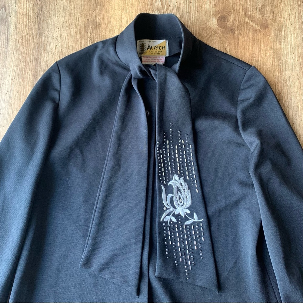 Vintage Alrich Black Knit Tie-Neck Blouse with Embroidered Scarf Detail